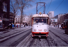 Трамвай типа Т-3 с бортовым номером 545 на ул. Луначарского